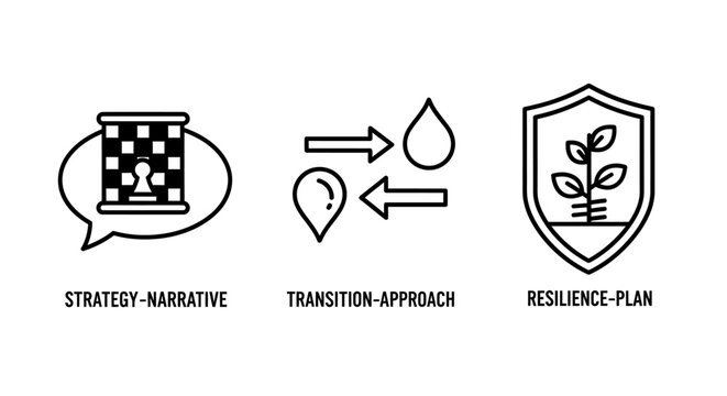 Business strategy narrative approach and resilience plan line icons with strategy narrative transition approach resilience business management development minimalist planning corporate