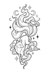 Fototapeta premium Mystical Nine Tailed Fox with Crescent Moons, Stars and Clouds Coloring Page Line Art
