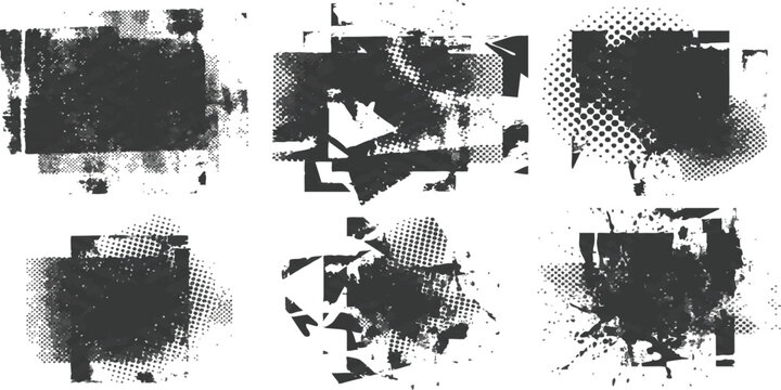 Set of black grunge rectangular frames with halftone patterns and paint splatters for graphic design