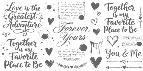 Obraz premium Collection of hand drawn romantic quotes and heart doodles for wedding and valentine day cards