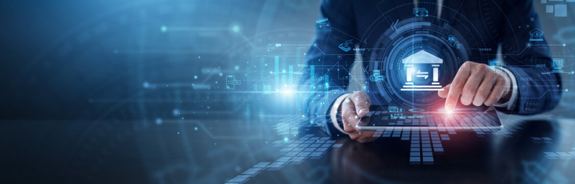 Banking financial services. Client using tablet to manage secure online transactions and global credit networks. Modern digital finance systems and encrypted mobile investment management.