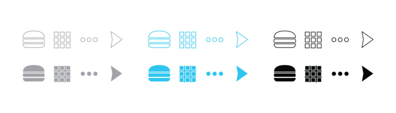 Set of user interface icons: hamburger menu grid ellipses arrow in outline and filled styles with interface hamburger ellipses navigation application selection collection minimalist