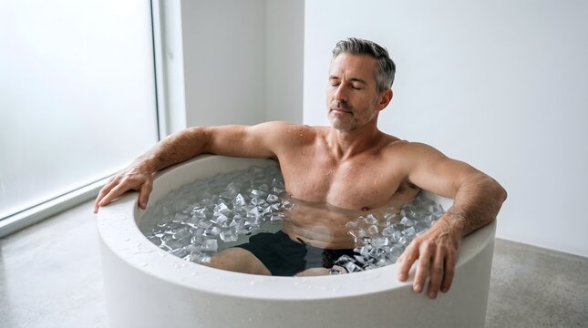 Healthy mature man practicing cold plunge therapy in a white circular ice bath tub for muscle recovery and mental focus in a bright minimalist room
