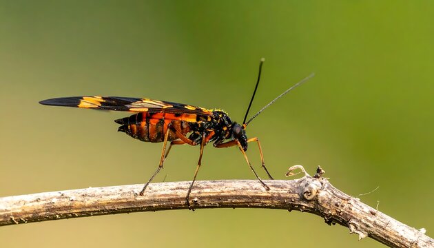 A wasp perches on a dried branch against a blurry green background