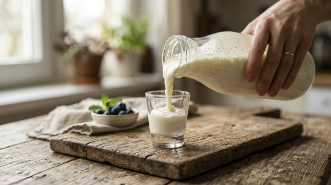 Hand Pouring Fresh Homemade Kefir into a Small Shot Glass on a Rustic Wooden Table.