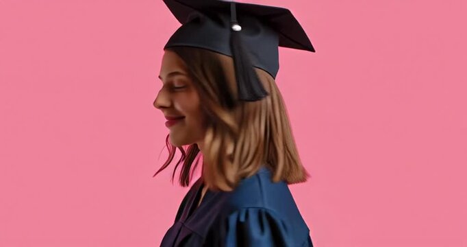 beautiful student in academic gown looking at camera and smiling Isolated On pink background