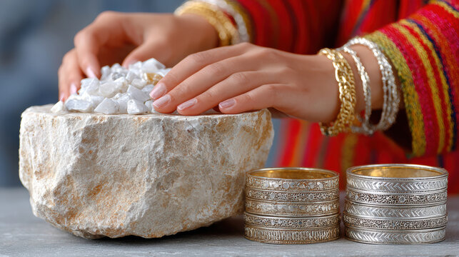 Female artisan hands arranging white stones and stacked silver bangles on rock with traditional amazigh textile sleeve for jewelry display background and craft product banner