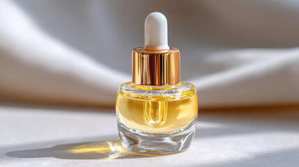 Naklejka premium Small glass dropper bottle with golden oil on soft fabric background for skincare product display and banner design