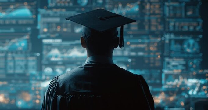A graduate guy wearing a cap stands in front of a glowing digital display filled with data graphs and statistics. Virtual education concept
