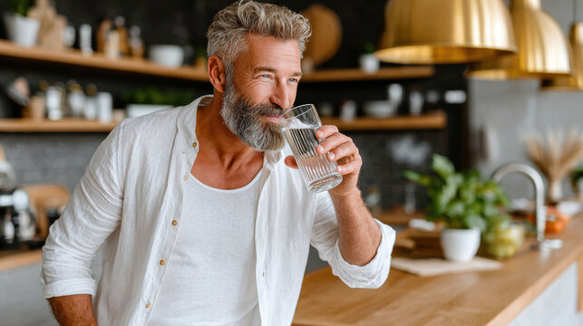 Senior man drinking mineral water in a modern kitchen for lifestyle background and healthy hydration concept