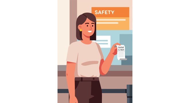 Smiling woman holds queue number ticket near a 'SAFETY' sign in an office setting