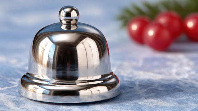 Close-up polished service bell clapper on soft fabric background for minimal still life product display and banner design