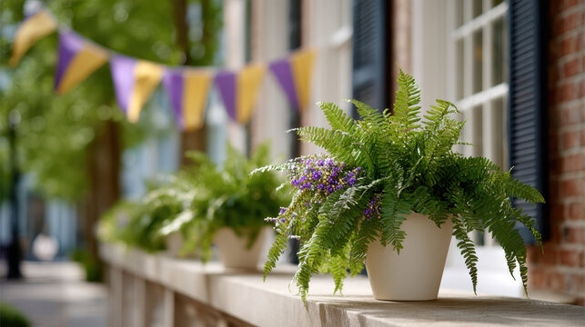 Close up of potted ferns and lilac blooms on a new orleans ledge with mardi gras purple and gold flags for seasonal background and poster design