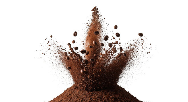 Roasted coffee beans and fine brown coffee powder exploding upwards in a dynamic splash against a solid black background