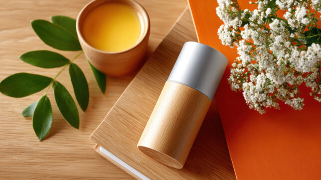 Natural deodorant stick and journal with green leaves and tea on a wooden desk for wellness lifestyle background and product flatlay