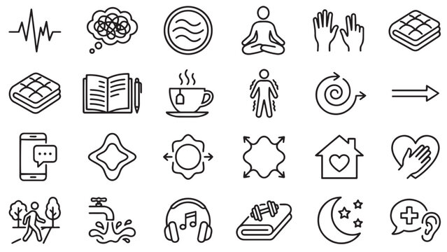 Mental health therapy and self care outline icon set with meditation breathing journaling coping strategy and safe space symbols