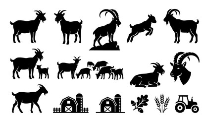 Naklejka premium Farm Goat Icons Monochrome Silhouette Vector Illustration Set
