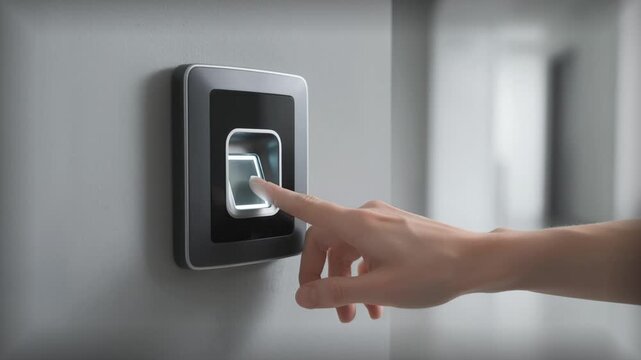 Closeup medium shot of a wallmounted biometric fingerprint scanner with a hand positioned for access while background details fade into soft focus.
