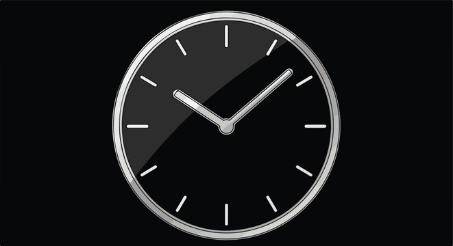 Minimalist monochrome analog clock on black, glossy face, silver hands and markers