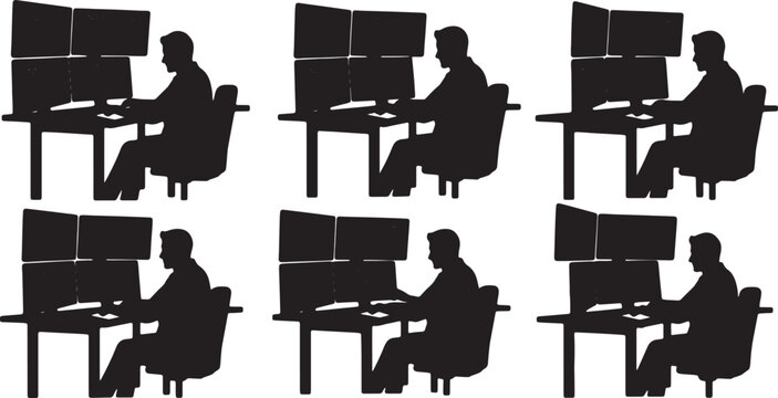 Black Solid Programmer Coding Livestream Setup Silhouettes Set of Six on White Background