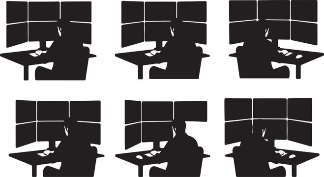 Black Solid Programmer Coding Livestream Setup Silhouettes Set of Six on White Background