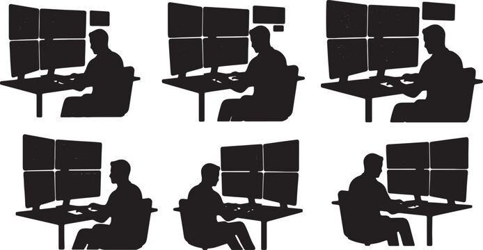 Black Solid Programmer Coding Livestream Setup Silhouettes Set of Six on White Background