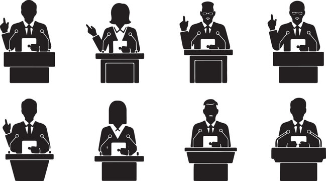 Black Solid Politician Podium Tablet Speech Silhouettes Set of Six on White Background
