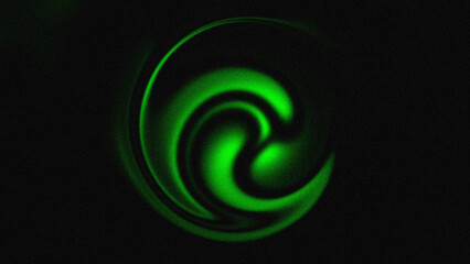 Naklejka premium Vibrant green swirls pulse softly against a deep black void. Energy flows in hypnotic, spiraling motion, glowing with inner light. Abstract form suggests movement, mystery, and organic rhythm