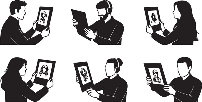 Black Solid Remote Customer Support Apologizing Silhouettes Set of Six on White Background