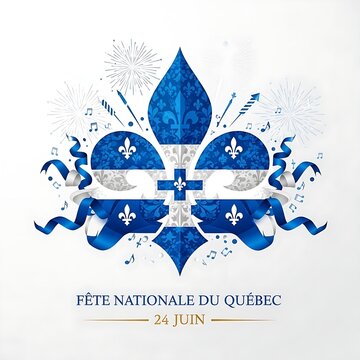 Quebec national day logo with fleur-de-lis and ribbons