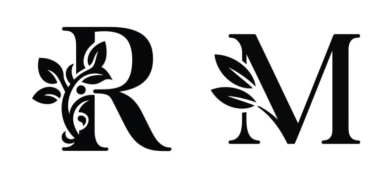 Floral monogram letter illustration, decorative typography design with elegant botanical leaves, stylish alphabet initials R and M concept, luxury ornamental font graphic, black vintage inspired lette
