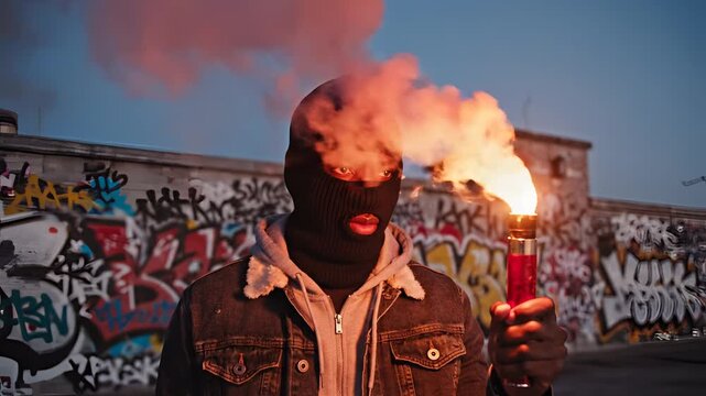 Man in Balaclava Holding Flare Against Graffiti Wall.