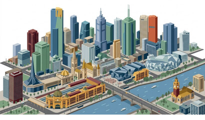 Obraz premium Isometric Melbourne Australia Cityscape Vector with Urban Architecture on White Background