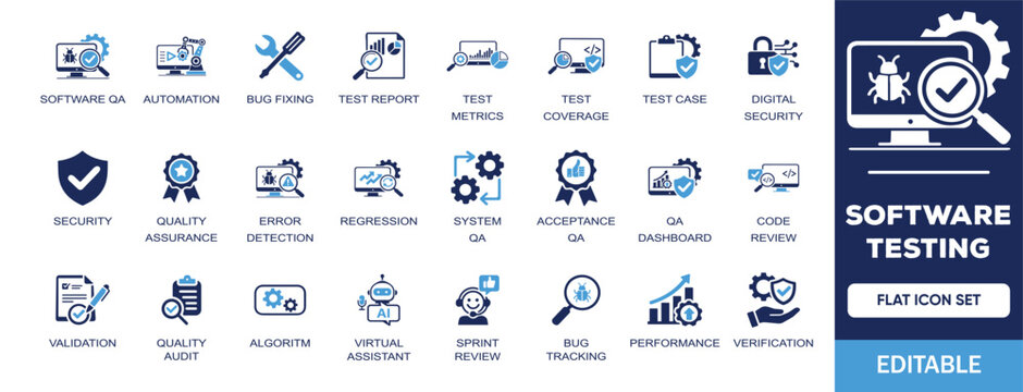 Software Testing editable solid icon set. Containing automation, bug fixing, code review, system, quality, verity, coverage, development and more illustration vector icons collection.