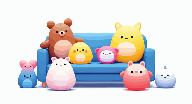 Group of colorful, squishy cartoon plush toys on and in front of a blue sofa