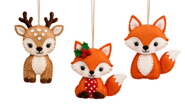 Felt christmas ornaments: deer, fox, and fox with holly isolated on transparent background