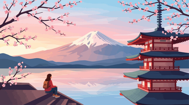 Backgroung concept for travel in Japan image. Beauty of Japan through stunning vector illustrations. features traditional and modern landmarks, scenic landscapes, and cultural icons.