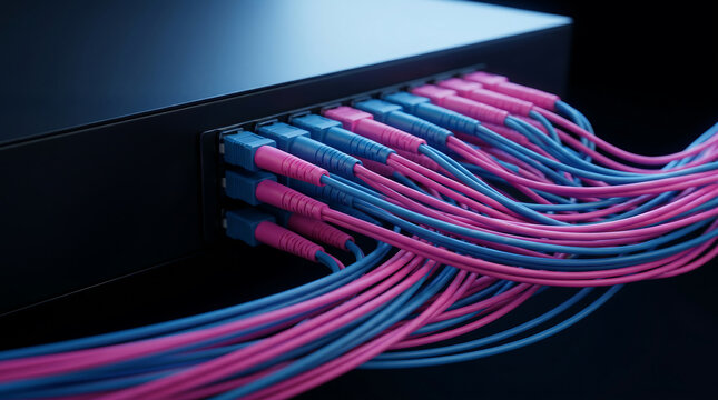 Operational supercomputer with multiple connected cables in blue and pink, showcasing intricate wiring and high-tech design elements in a dark environment