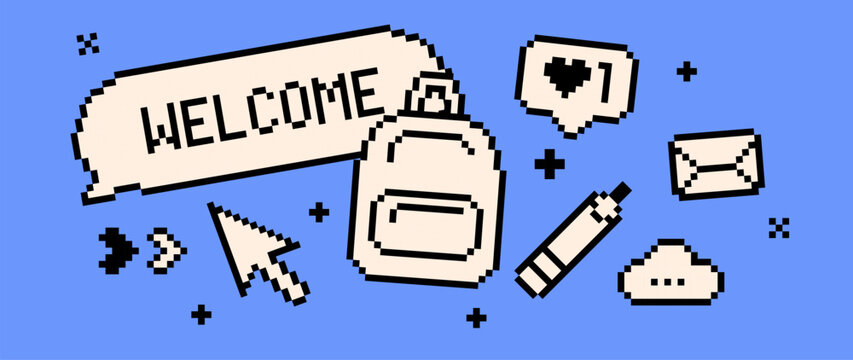 Minimal Y2K pixel messaging icon set in retro 8-bit style. Welcome bubble, cursor, backpack, notifications, social UI elements on clean blue background