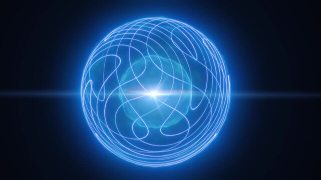 Blue wireframe globe with flowing network lines and bright flare, symbolizing global data connectivity and futuristic communication