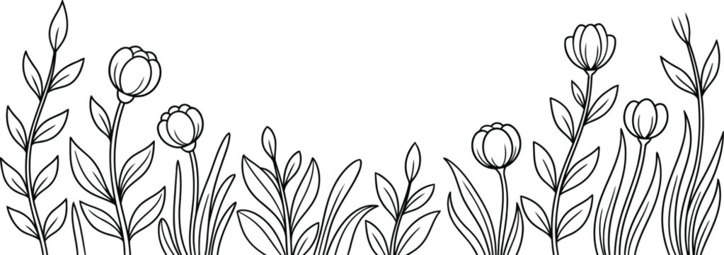 Floral border design delicate line art tulips and leaves