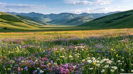 Fototapeta premium Vast Plateau Wild Flower Meadow, Colorful Highland Pastoral Widescreen Landscape