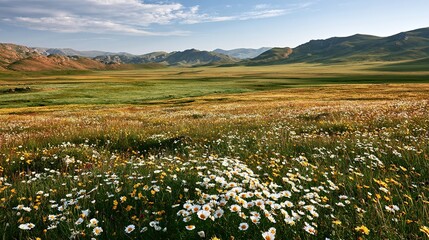 Fototapeta premium Vast Plateau Wild Flower Meadow, Colorful Highland Pastoral Widescreen Landscape