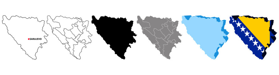 Fototapeta premium set collections Bosnia and Herzegovina map infographic icon. High detailed stylized map flag, border, 3D geometric, silhouette. map pinned symbol design vector illustration