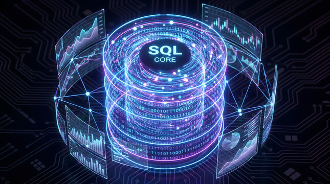 Abstract Glowing SQL Database and Financial Data Visualization