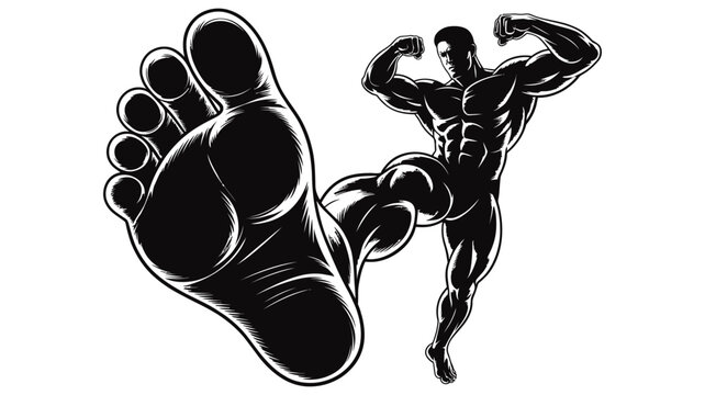 Muscular bodybuilder flexing while giant foot approaches from a low-angle perspective with bodybuilder