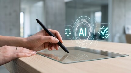 Fototapeta premium Hand Using Stylus Pen on Transparent Screen with AI Law and Compliance Icons Representing Artificial Intelligence Regulation and Ethics
