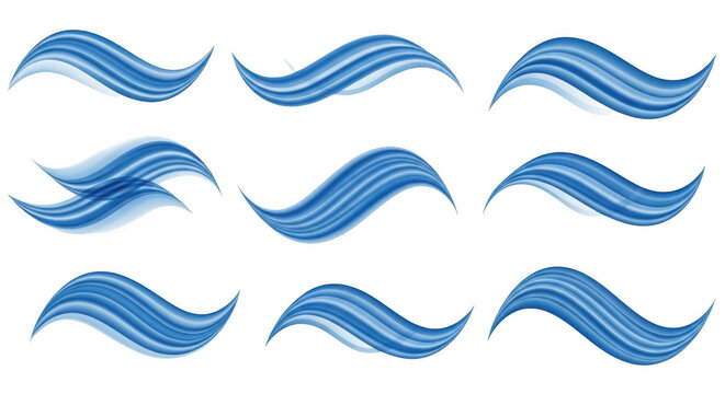 Set of nine blue, glossy, wave-shaped with a smooth, liquid-like texture isolated on a solid black background