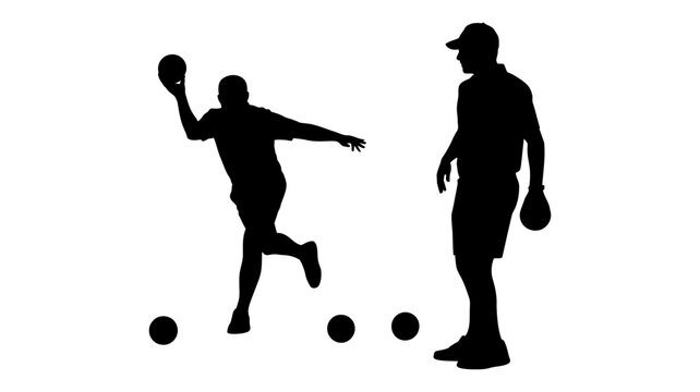 Silhouettes of men playing bocce ball game with balls on ground recreation competition throwing silhouette