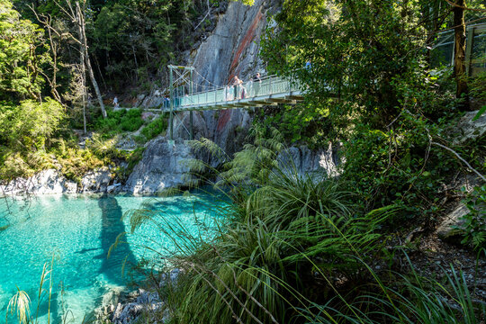 Swing bridge over Blue Pools on the Makarora River surrounded by forest
